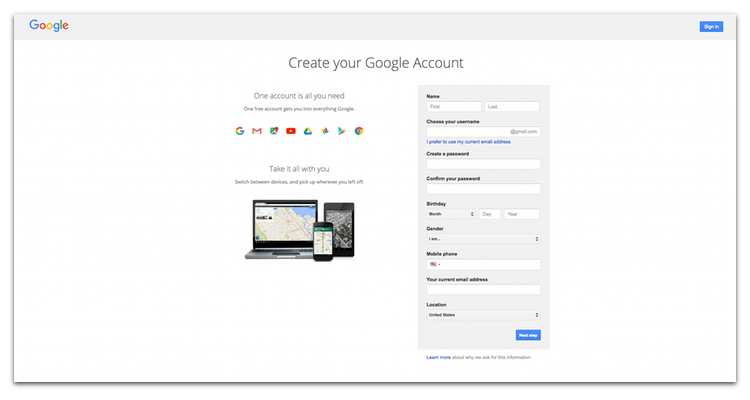 google account sign up page